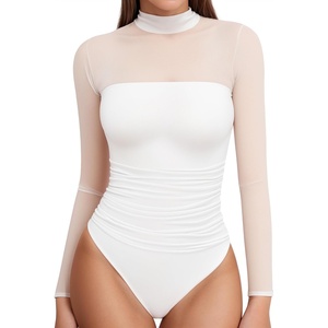 image:imageMANGOPOP Womens Mock Turtle Neck Bodysuit Mesh Sheer Long Short Sleeve Top02long Sleeve White