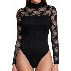 image:imageMANGOPOP Womens Mock Turtle Neck Bodysuit Mesh Sheer Long Short Sleeve TopLace Long Sleeve Black