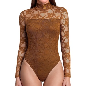 image:imageMANGOPOP Womens Mock Turtle Neck Bodysuit Mesh Sheer Long Short Sleeve TopLace Long Sleeve Khaki