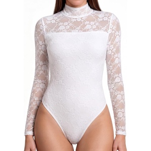 image:imageMANGOPOP Womens Mock Turtle Neck Bodysuit Mesh Sheer Long Short Sleeve TopLace Long Sleeve White