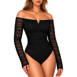 image:imageMANGOPOP Womens Off Shoulder Long Sleeve Ruched Mesh Sheer Thong Bodysuit01 Black