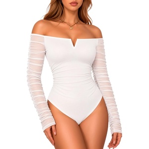 image:imageMANGOPOP Womens Off Shoulder Long Sleeve Ruched Mesh Sheer Thong Bodysuit02 White