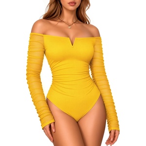 image:imageMANGOPOP Womens Off Shoulder Long Sleeve Ruched Mesh Sheer Thong BodysuitBright Yellow