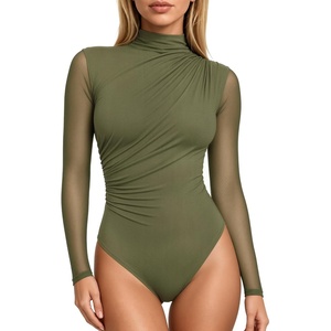 image:imageMANGOPOP Womens Ruched Mock Neck Mesh Long Sleeve Sheer Thong BodysuitsArmy Green