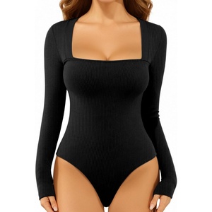 image:imageMANGOPOP Womens Sexy Square Neck Bodysuit Long Sleeve Body Suit Ribbed Going Out TopsBlack
