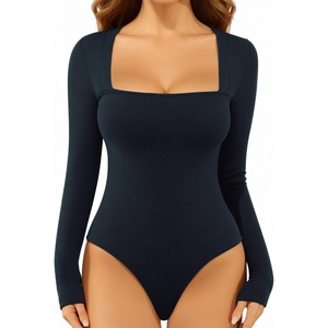 image:imageMANGOPOP Womens Sexy Square Neck Bodysuit Long Sleeve Body Suit Ribbed Going Out TopsDeep Blue
