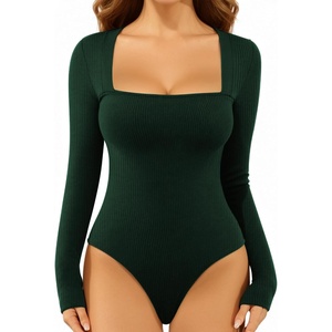 image:imageMANGOPOP Womens Sexy Square Neck Bodysuit Long Sleeve Body Suit Ribbed Going Out TopsDeep Green