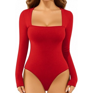 image:imageMANGOPOP Womens Sexy Square Neck Bodysuit Long Sleeve Body Suit Ribbed Going Out TopsRed