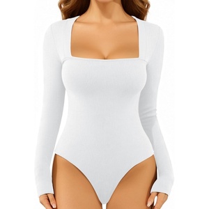 image:imageMANGOPOP Womens Sexy Square Neck Bodysuit Long Sleeve Body Suit Ribbed Going Out TopsWhite