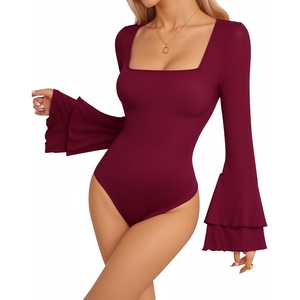 image:imageMANGOPOP Womens Square Neck Bell Sleeve Long Sleeve Bodysuit Fall TopBurgundy