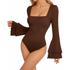 image:imageMANGOPOP Womens Square Neck Bell Sleeve Long Sleeve Bodysuit Fall TopCoffee