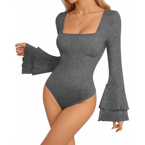 image:imageMANGOPOP Womens Square Neck Bell Sleeve Long Sleeve Bodysuit Fall TopDark Heather Grey