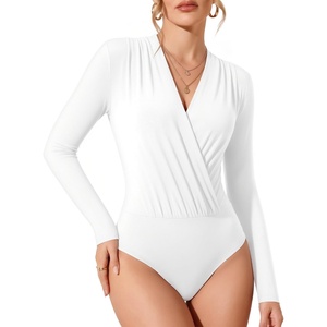 image:imageMANGOPOP Womens Wrap V Neck Ruched Long Sleeve Bodysuit Top02 White