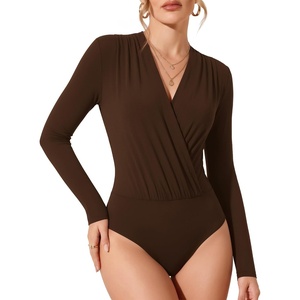 image:imageMANGOPOP Womens Wrap V Neck Ruched Long Sleeve Bodysuit TopCoffee