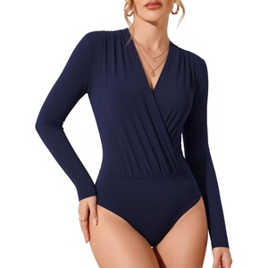 image:imageMANGOPOP Womens Wrap V Neck Ruched Long Sleeve Bodysuit TopNavy Blue