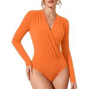 image:imageMANGOPOP Womens Wrap V Neck Ruched Long Sleeve Bodysuit TopOrange