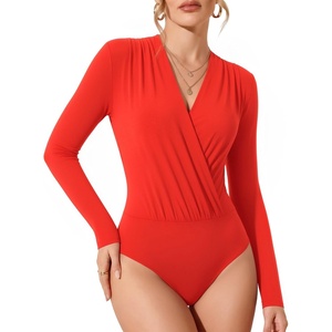 image:imageMANGOPOP Womens Wrap V Neck Ruched Long Sleeve Bodysuit TopRed