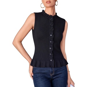 image:imageMANGOPOP Womens Vest Tops for Women Ruffle Button Down Sleeveless SweaterBlack