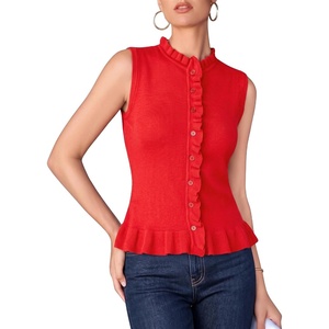 image:imageMANGOPOP Womens Vest Tops for Women Ruffle Button Down Sleeveless SweaterRed