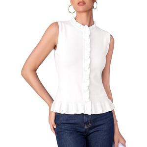 image:imageMANGOPOP Womens Vest Tops for Women Ruffle Button Down Sleeveless SweaterWhite