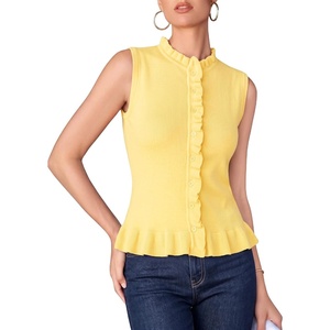 image:imageMANGOPOP Womens Vest Tops for Women Ruffle Button Down Sleeveless SweaterYellow