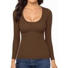 image:imageMANGOPOP Womens Scoop Neck Long Sleeve Shirts for Women Double Lined Tops Fall Outfits for Women 2025Brown