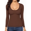 image:imageMANGOPOP Womens Scoop Neck Long Sleeve Shirts for Women Double Lined Tops Fall Outfits for Women 2025Coffee