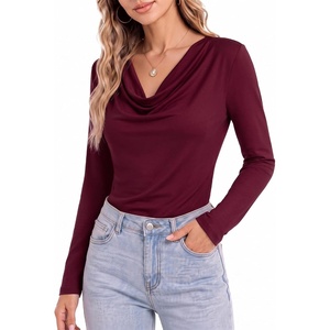 image:imageMANGOPOP Womens Cowl Neck Top Long Sleeve Shirts Regular Fit T ShirtsBurgundy