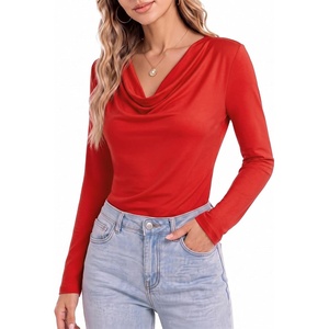 image:imageMANGOPOP Womens Cowl Neck Top Long Sleeve Shirts Regular Fit T ShirtsRed