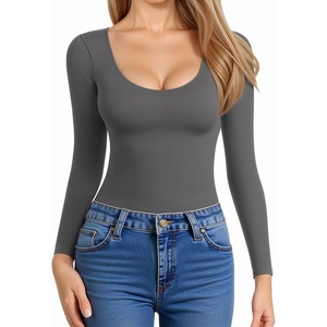 image:imageMANGOPOP Womens Scoop Neck Long Sleeve Shirts for Women Double Lined Tops Fall Outfits for Women 2025Deep Grey