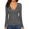 image:imageMANGOPOP Womens Sexy Deep V Neck Tops Long Sleeve Wrap Slim Fit T ShirtsDark Heather Grey