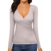 image:imageMANGOPOP Womens Sexy Deep V Neck Tops Long Sleeve Wrap Slim Fit T ShirtsLight Grey