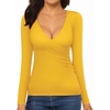 image:imageMANGOPOP Womens Sexy Deep V Neck Tops Long Sleeve Wrap Slim Fit T ShirtsYellow