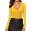 image:imageMANGOPOP Womens Sexy Deep V Neck Tops Long Sleeve Wrap Slim Fit T ShirtsYellow
