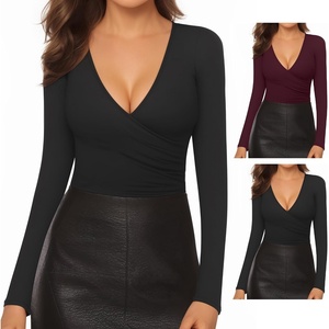 image:imageMANGOPOP Womens Sexy Deep V Neck Tops Long Sleeve Wrap Slim Fit T ShirtsBlack Burgundy