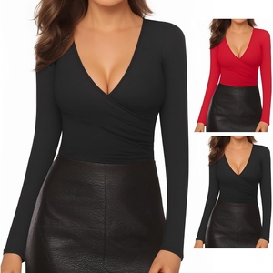 image:imageMANGOPOP Womens Sexy Deep V Neck Tops Long Sleeve Wrap Slim Fit T ShirtsBlack Red