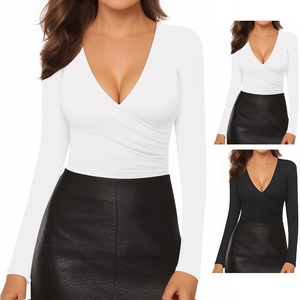 image:imageMANGOPOP Womens Sexy Deep V Neck Tops Long Sleeve Wrap Slim Fit T ShirtsBlack White