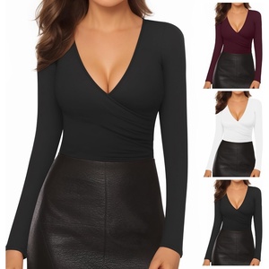 image:imageMANGOPOP Womens Sexy Deep V Neck Tops Long Sleeve Wrap Slim Fit T ShirtsBlack White Burgundy