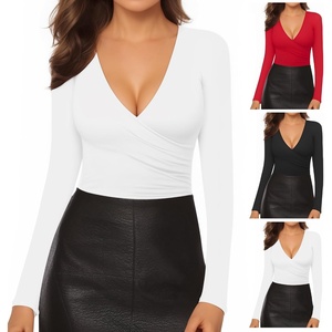 image:imageMANGOPOP Womens Sexy Deep V Neck Tops Long Sleeve Wrap Slim Fit T ShirtsBlack White Red