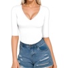 image:imageMANGOPOP Womens V Neck Half Sleeve Bodysuit 34 Sleeve TopsA02 White