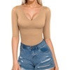 image:imageMANGOPOP Womens V Neck Half Sleeve Bodysuit 34 Sleeve TopsMocha