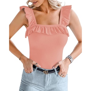 image:imageMANGOPOP Ruffle Sleeve Bodysuit for Women Sleeveless Tank Top Body Suits Square Neck Off Shoulder JumpsuitA Sleeveless Pink