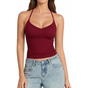 image:imageMANGOPOP Women Halter Tank Top Double Lined Adjustable Spaghetti Strap CamiBurgundy