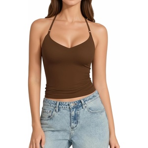 image:imageMANGOPOP Women Halter Tank Top Double Lined Adjustable Spaghetti Strap CamiCoffee