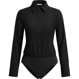 image:imageMANGOPOP Womens Blouse Button Down Long Sleeve Bodysuit Collared Shirt01 Black
