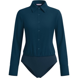 image:imageMANGOPOP Womens Blouse Button Down Long Sleeve Bodysuit Collared ShirtDeep Blue