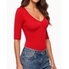 image:imageMANGOPOP Half Sleeve Tops for Women Sexy Deep V Neck Elbow Length Fitted Casual Going Out T Shirt Tops 2026 TrendyRed