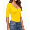 image:imageMANGOPOP Half Sleeve Tops for Women Sexy Deep V Neck Elbow Length Fitted Casual Going Out T Shirt Tops 2026 TrendyYellow