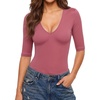 image:imageMANGOPOP Half Sleeve Tops for Women Sexy Deep V Neck Elbow Length Fitted Casual Going Out T Shirt Tops 2026 TrendyMarsala