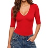 image:imageMANGOPOP Half Sleeve Tops for Women Sexy Deep V Neck Elbow Length Fitted Casual Going Out T Shirt Tops 2026 TrendyRed